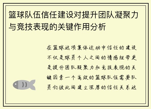 篮球队伍信任建设对提升团队凝聚力与竞技表现的关键作用分析 篮球队伍信任建设对提升团队凝聚力与竞技表现的关键作用分析