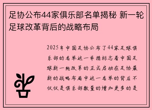 足协公布44家俱乐部名单揭秘 新一轮足球改革背后的战略布局 足协公布44家俱乐部名单揭秘 新一轮足球改革背后的战略布局